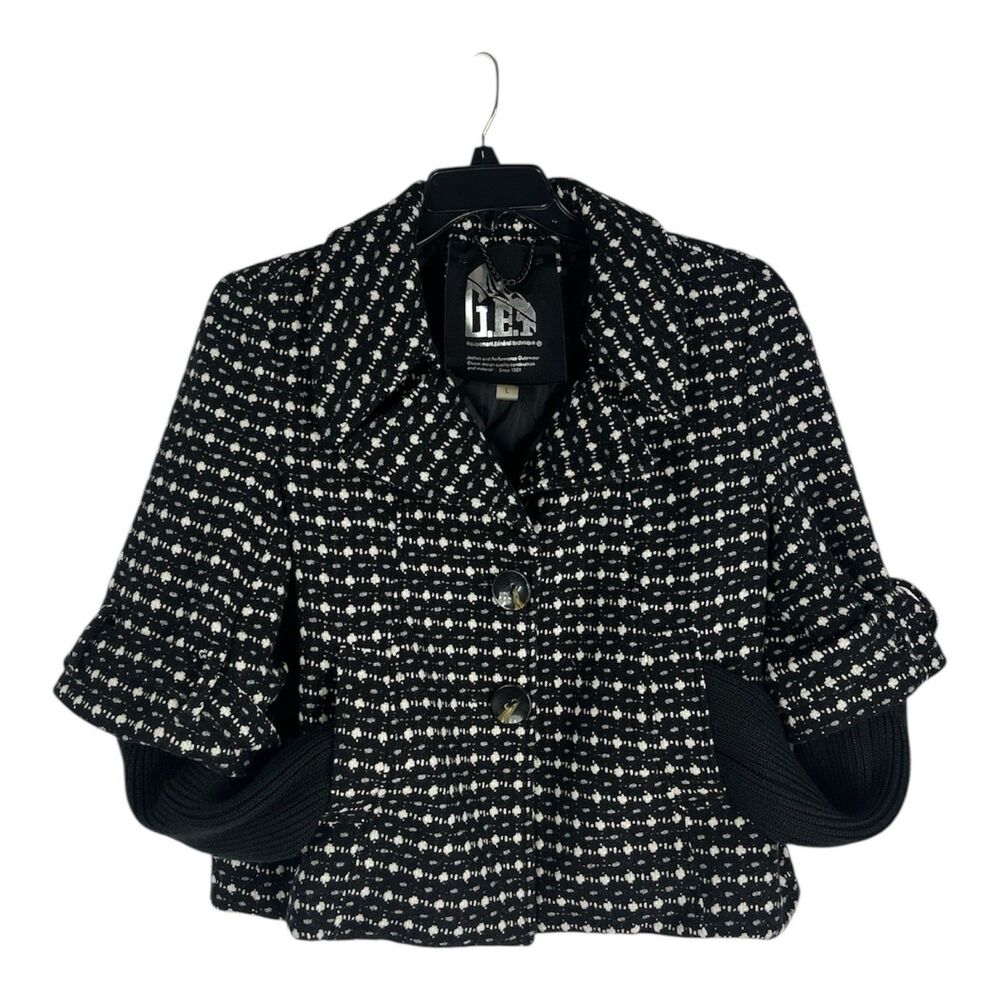 GET Womens Large Tweed Cropped Jacket Detachable Sleeve Black White Button Front